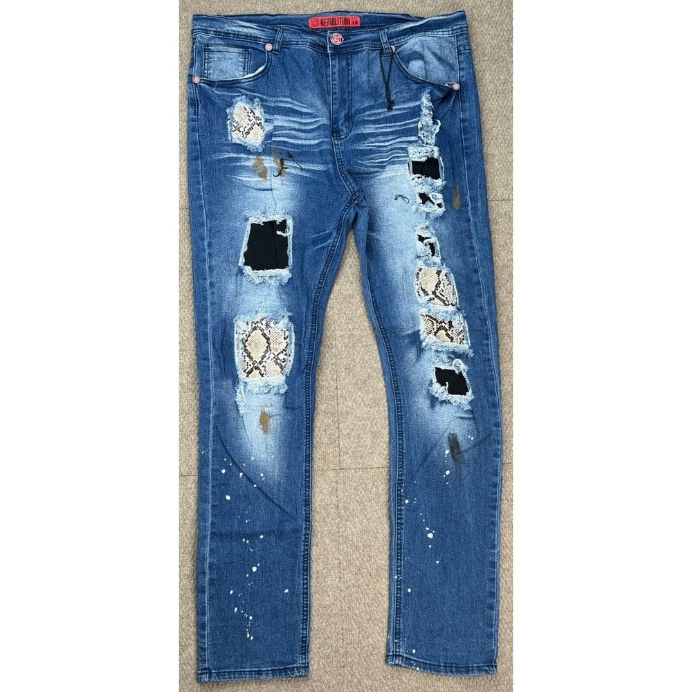 Demolition Snake Patches Distressed Men's Straight Leg Denim Jeans Size 40